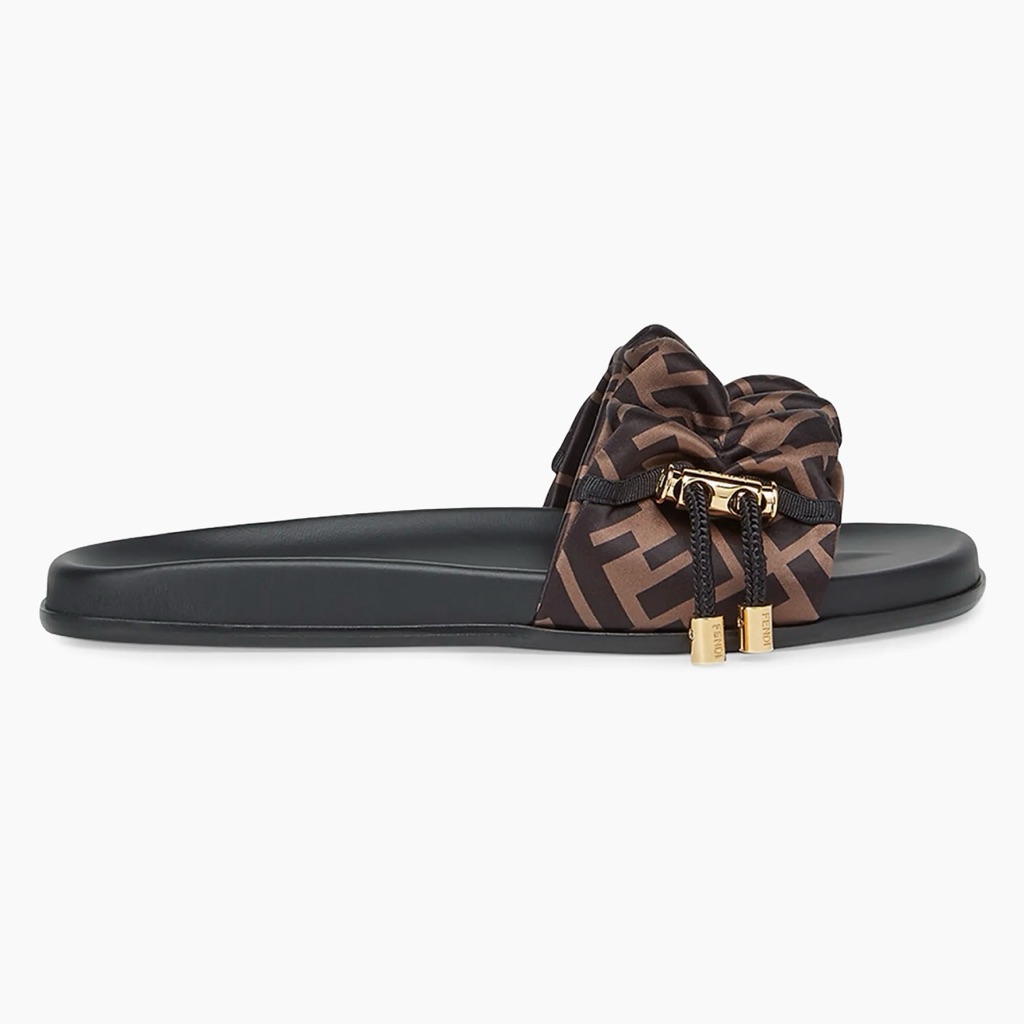 Fendi Black And Brown Logo Satin Sandals